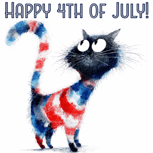 a cat wearing a red white and blue striped shirt with the words happy 4th of july