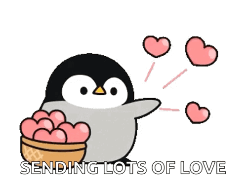 A black-and-white penguin sends pink hearts with the caption “SENDING LOTS OF LOVE.”