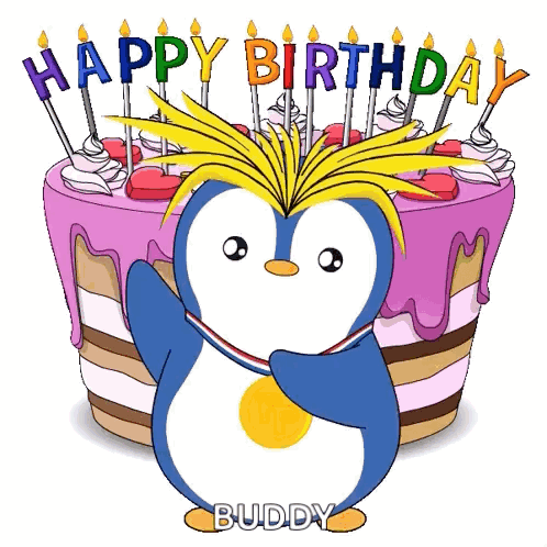 a cartoon penguin is standing in front of a birthday cake with candles and the words happy birthday buddy