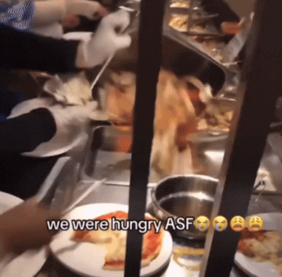 a buffet line with plates of food and the words we were hungry asf at the bottom