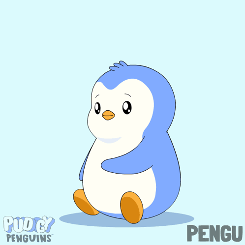 A small blue cartoon penguin sits sweetly on a pale background.