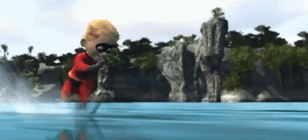a cartoon character is swimming in the ocean near a rocky island .