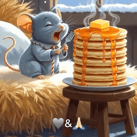 a mouse is sitting next to a stack of pancakes with syrup and butter