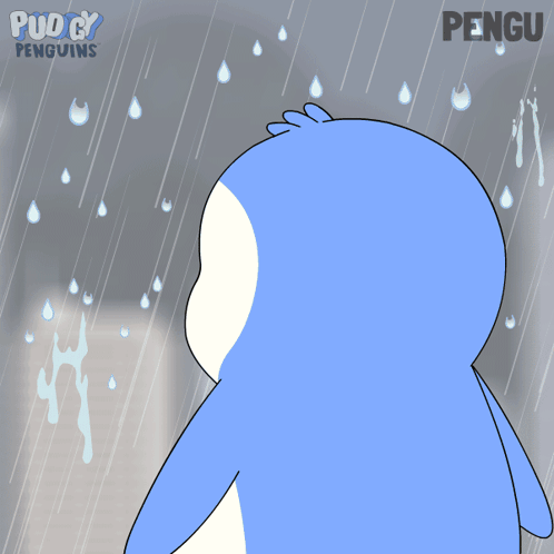 a cartoon of a penguin fishing in a river with the word pengu below it
