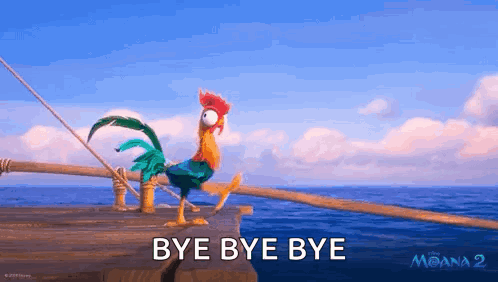 Heihei tumbles from a boat into the sea with “BYE BYE BYE.”