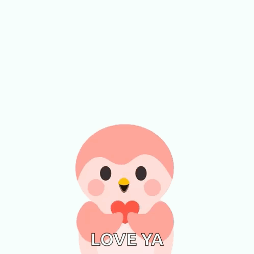 a pink penguin is surrounded by red hearts with the words love ya written below it