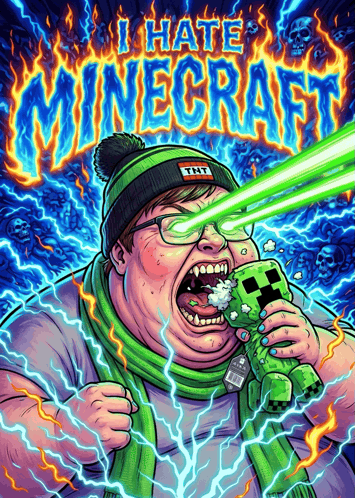 a poster that says i hate minecraft with a man in a tnt hat