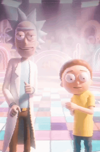 two cartoon characters rick and morty are standing next to each other on a checkered floor
