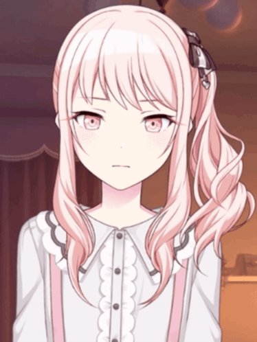 a girl with pink hair and red eyes is wearing a white shirt