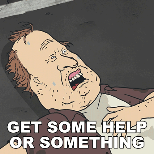 a cartoon of a man laying on the ground with the words get some help or something above him