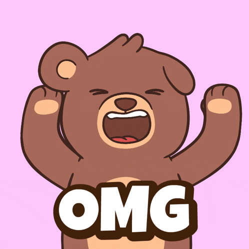 a cartoon of a teddy bear with its mouth open and the word omg behind it