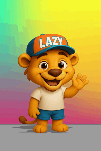 A smiling lion cub wearing a “LAZY” cap waves.