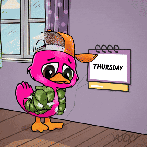 a pink duck is standing next to a calendar that says thursday on it