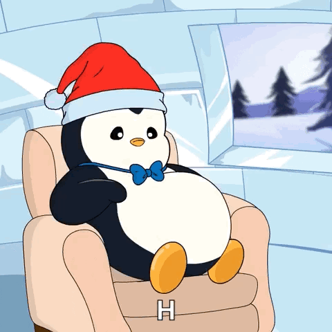 A penguin in a Santa hat sits in an armchair with a large belly.