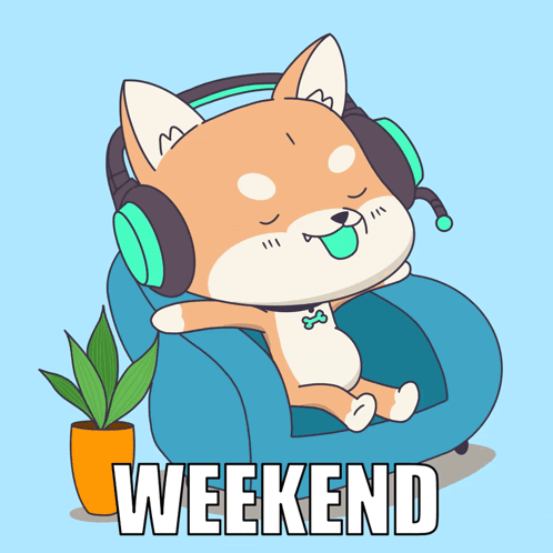 a cartoon of a dog wearing headphones and the words weekend below it