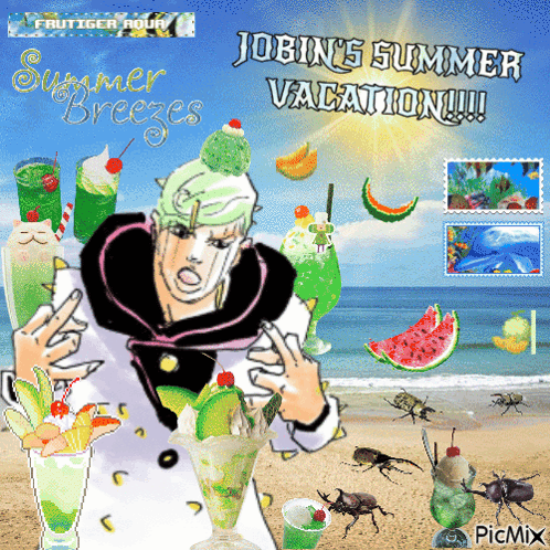 a poster for jobin 's summer vacation shows a man eating an ice cream sundae