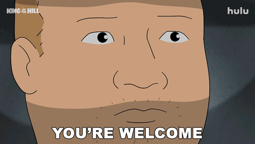 Bobby Hill gives a flat, unimpressed look with “YOU’RE WELCOME” at the bottom.