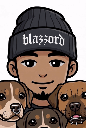 a cartoon of a man wearing a beanie that says blazord on it