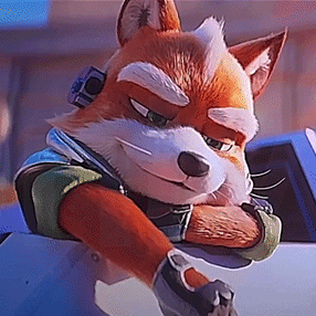 a close up of a cartoon fox with his arms crossed and a camera on his head .