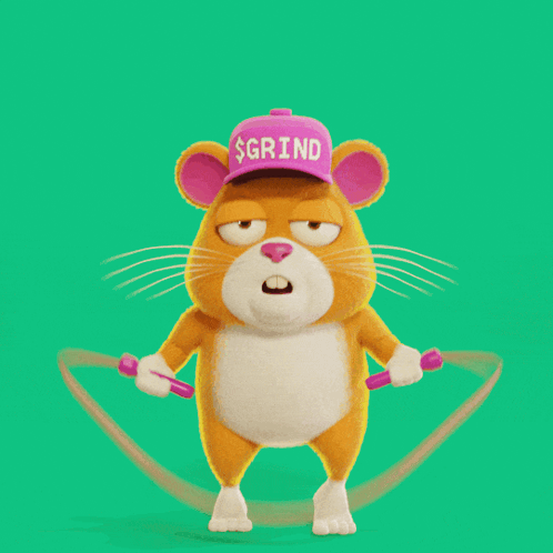 a hamster wearing a pink hat that says grind is jumping rope
