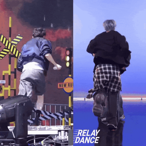 a man jumping over a railroad crossing and a sign that says relay dance