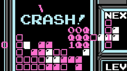 a video game screen displays the words crash and next