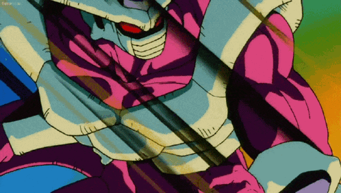 a cartoon character is holding a sword in his right hand and has a rainbow background behind him