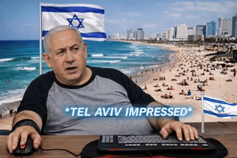 a man sits at a desk with a keyboard and a mouse and says " tel aviv impressed " on the screen