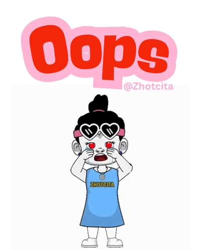 A cartoon girl in a blue dress stands beneath bright pink “Oops” text.