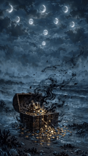 a painting of a treasure chest with smoke coming out of it