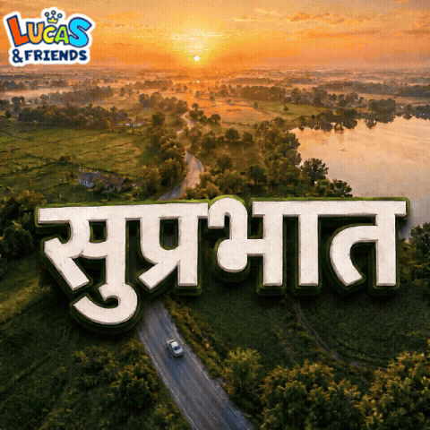 An aerial river sunrise image displays the Hindi greeting “सुप्रभात.”