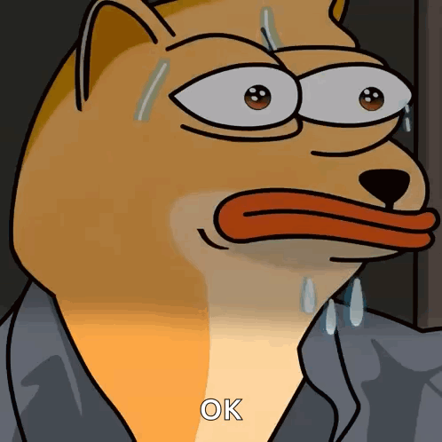 a cartoon dog with a red tongue and sweat coming out of it says ok
