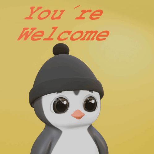 A gray-and-white cartoon penguin in a beanie stands on a yellow background.