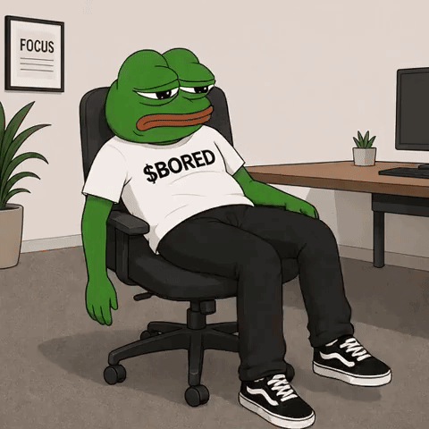 Pepe the Frog slouches in an office chair wearing a “$BORED” shirt.