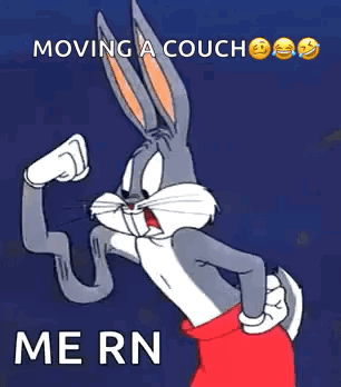 bugs bunny is moving a couch and flexing his muscles on a blue background .