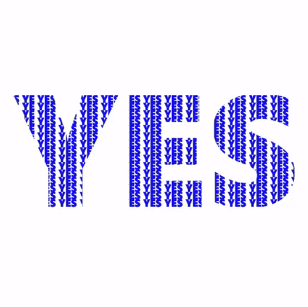 Blue patterned letters spell “YES” on white.