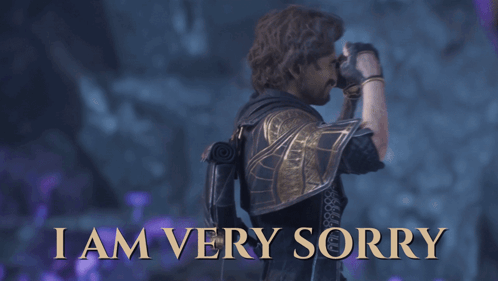 a man with a beard is standing in front of a sign that says i am very sorry