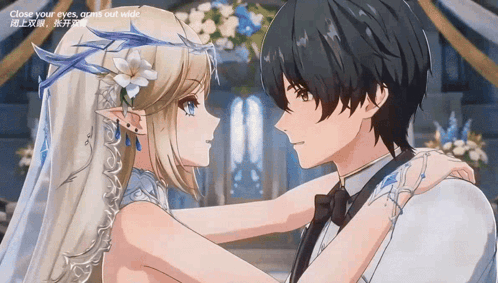 a bride and groom are looking into each other 's eyes and the words close your eyes are visible