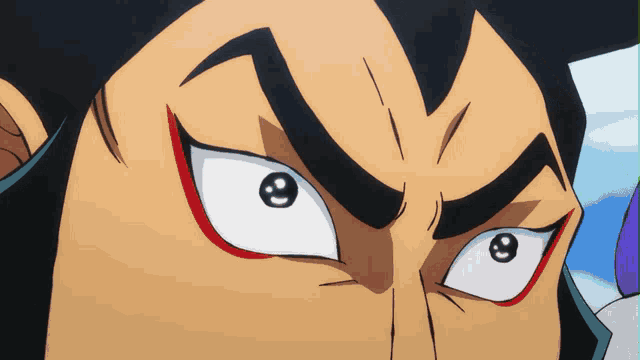 a close up of a cartoon character 's face with white eyes and red lines