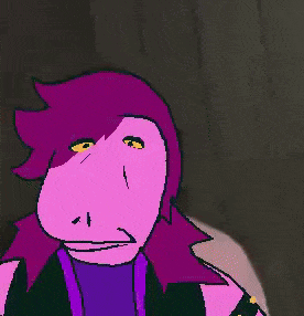 a cartoon character with purple hair and yellow eyes is smiling and looking at the camera .