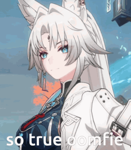 a picture of a girl with white hair and the words so true loomfie on the bottom
