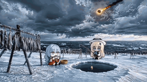 two anime girls are fishing in a hole in the snow with a meteorite in the background