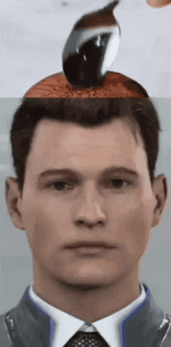 a close up of a man 's face with a bird on top of his head