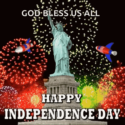 a picture of the statue of liberty with fireworks behind it and the words god bless us all happy independence day