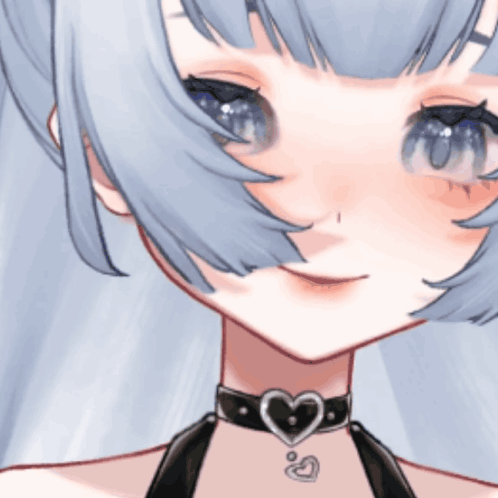 A blue-haired VTuber character smiles softly in an anime close-up.