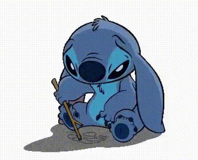 Stitch sits curled up in a sad, tired pose.