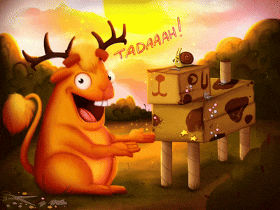a cartoon drawing of a deer and a box with a snail on top that says " taaaah "