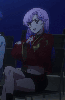 a girl with purple hair is sitting on a chair with her hand on her head