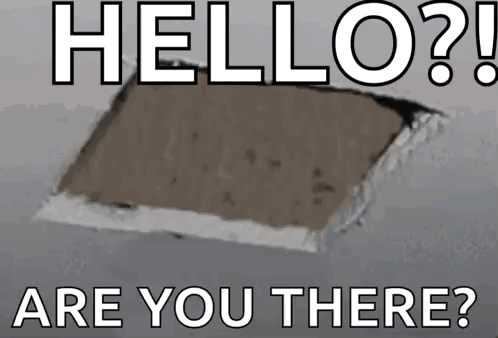 A cat peeks through a ceiling opening under “HELLO?! ARE YOU THERE?”