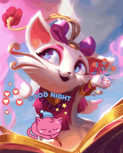 Heartseeker Yuumi poses among hearts with “GOOD NIGHT” text.